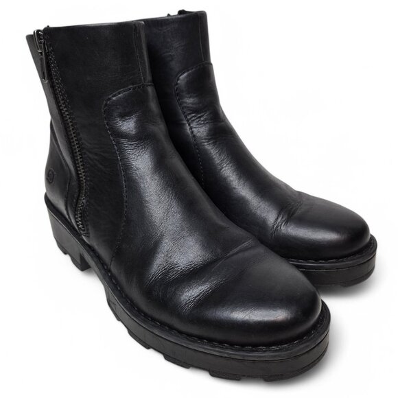 Born Chunky Black Leather Zip Side Booties Women's Goth Minimalist Grunge Punk 7 - Picture 1 of 9